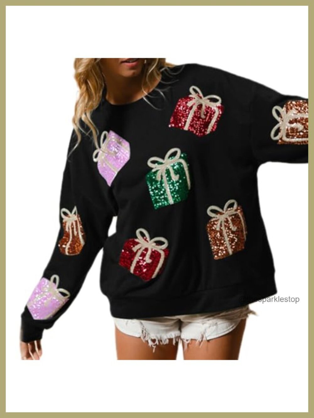 Women Christmas Sequin Patch Sweatshirt Oversized Long Sleeve Pullover
